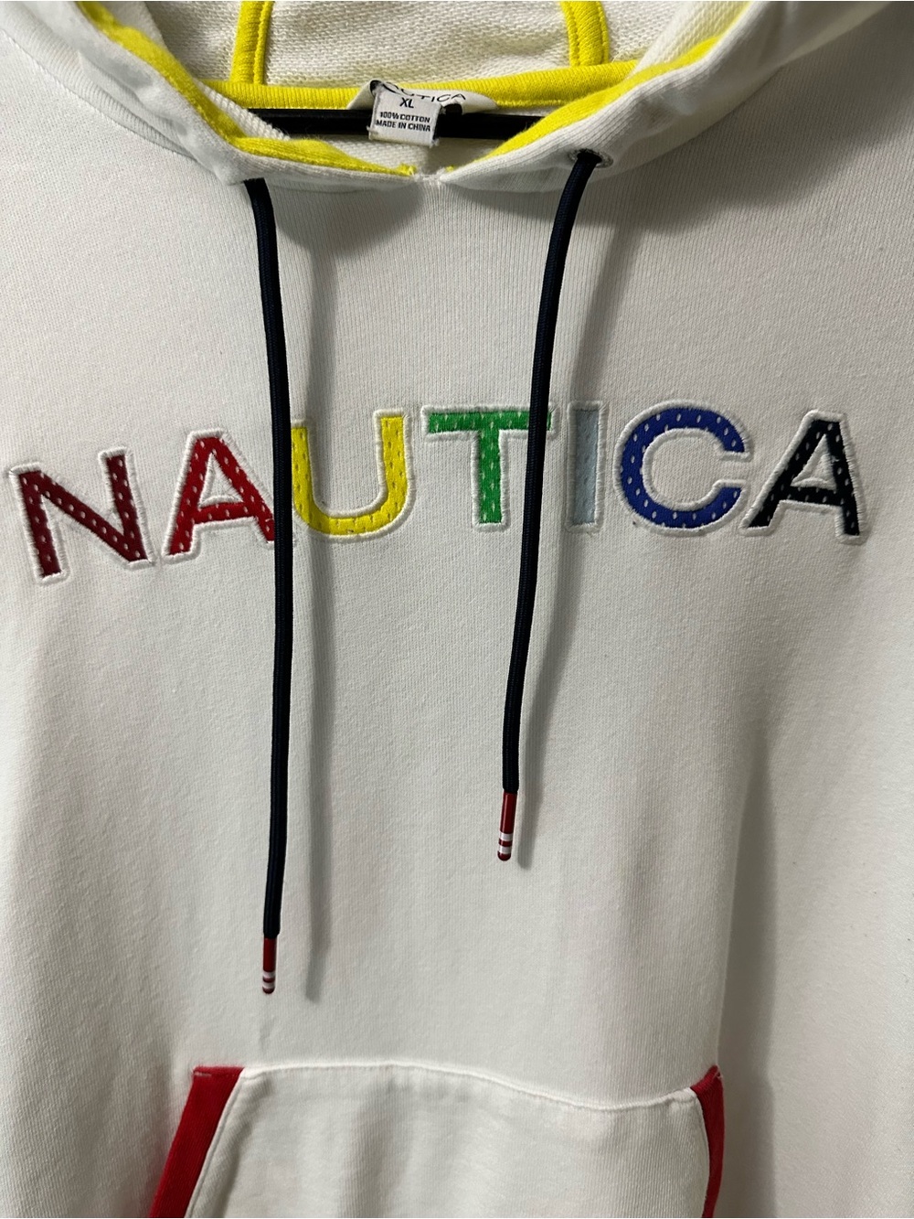 Nautica White Hoodie with Multicolor Logo and Navy Drawstrings